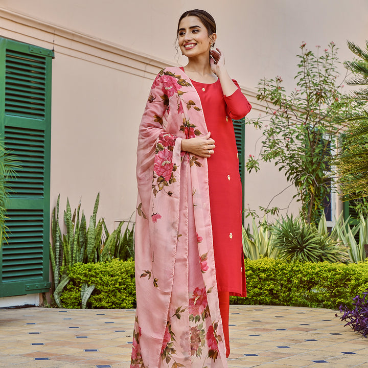 Red Suit with Pink Handpainted Dupatta