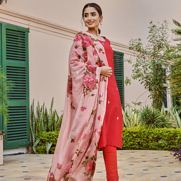 Red Suit with Pink Handpainted Dupatta