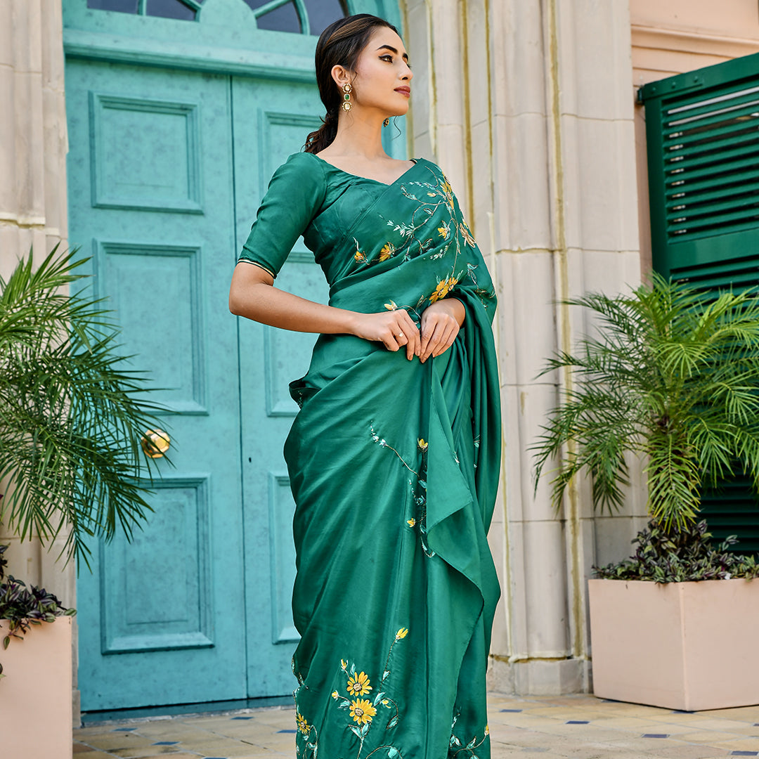 Teal Green Color Silk Fabric Saree With Contrast Blouse