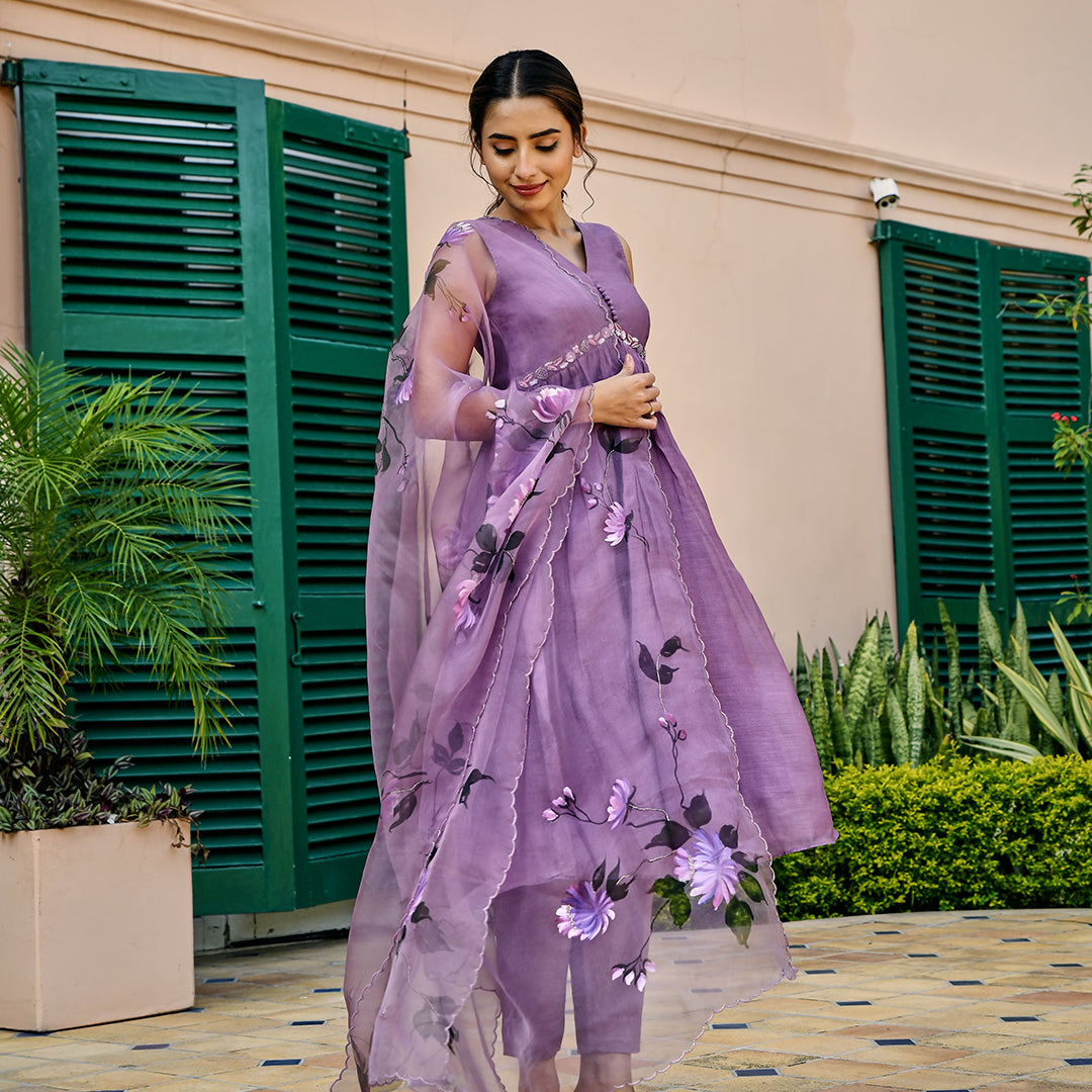 Purple Suit with Handpainted Dupatta