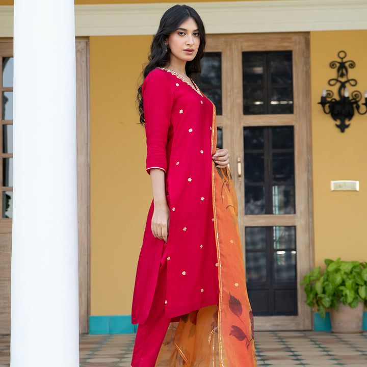 Red Suit with Orange Handpainted Dupatta