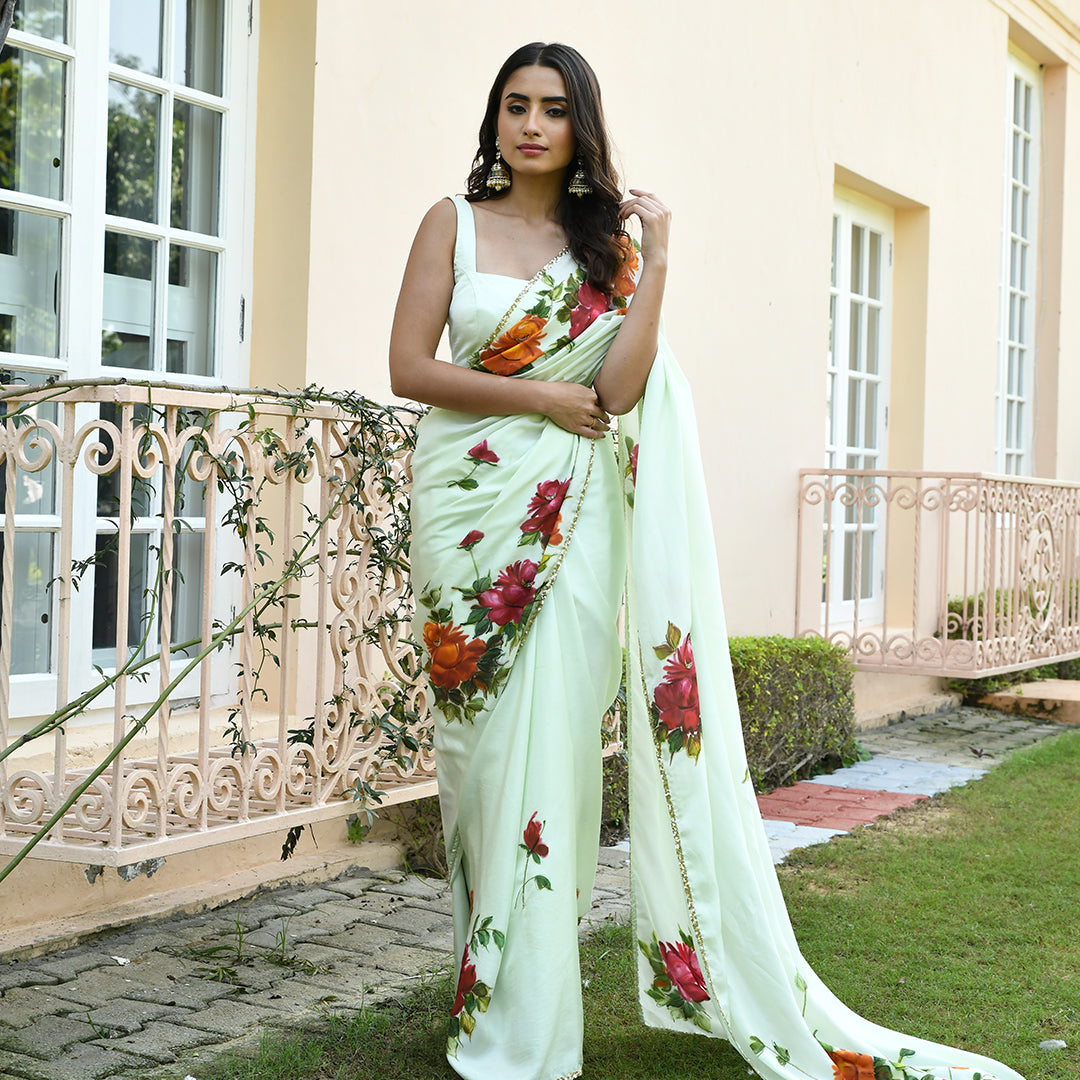 Handpainted Pista Green Saree