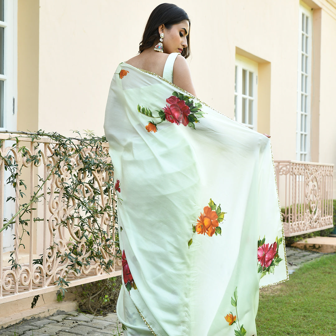 Handpainted Pista Green Saree