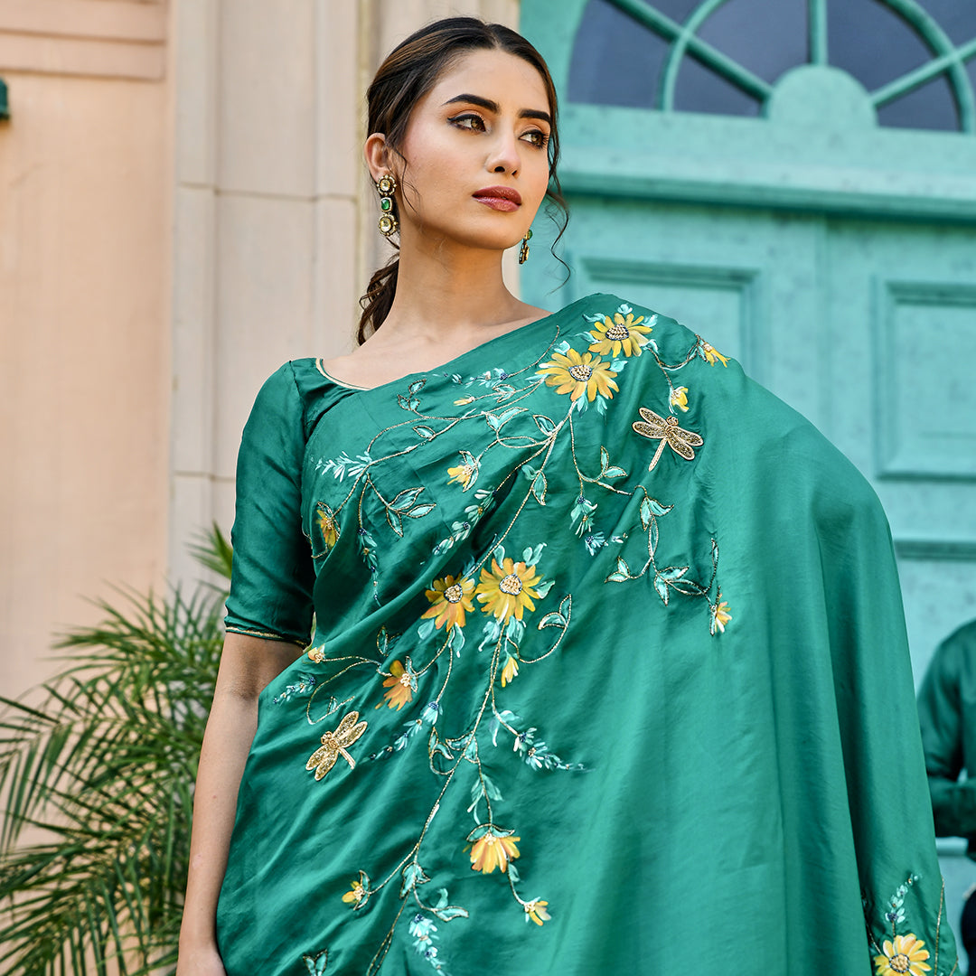 SeaGreen color designer dola silk saree with contrast blouse – TYAAR INDIA