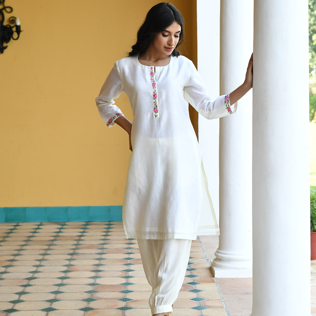 White Chanderi Suit with Handpainted Dupatta