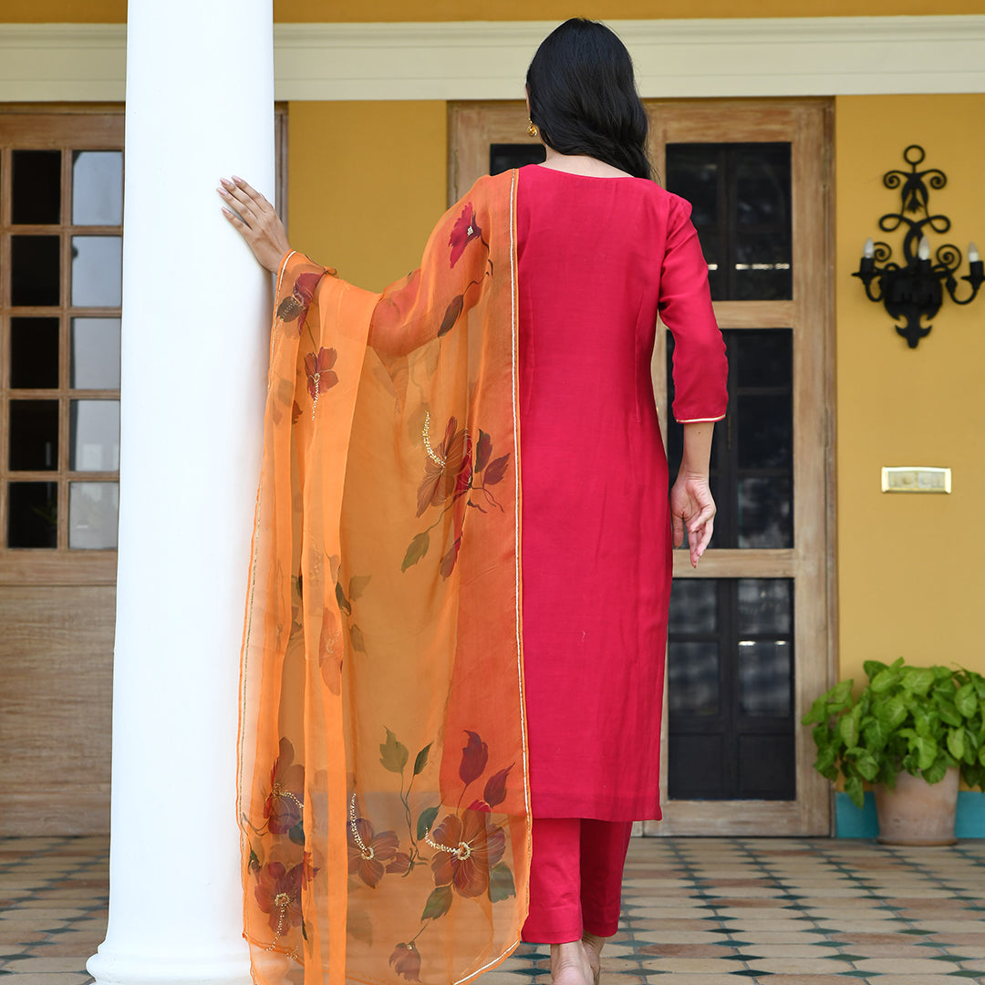 Red Suit with Orange Handpainted Dupatta