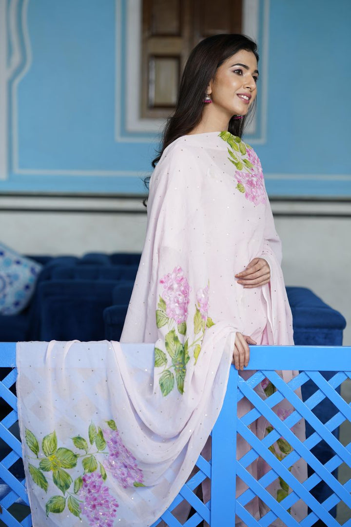 Handpainted Baby Pink Chiffon Dupatta with Unstitched Chanderi Suit Set