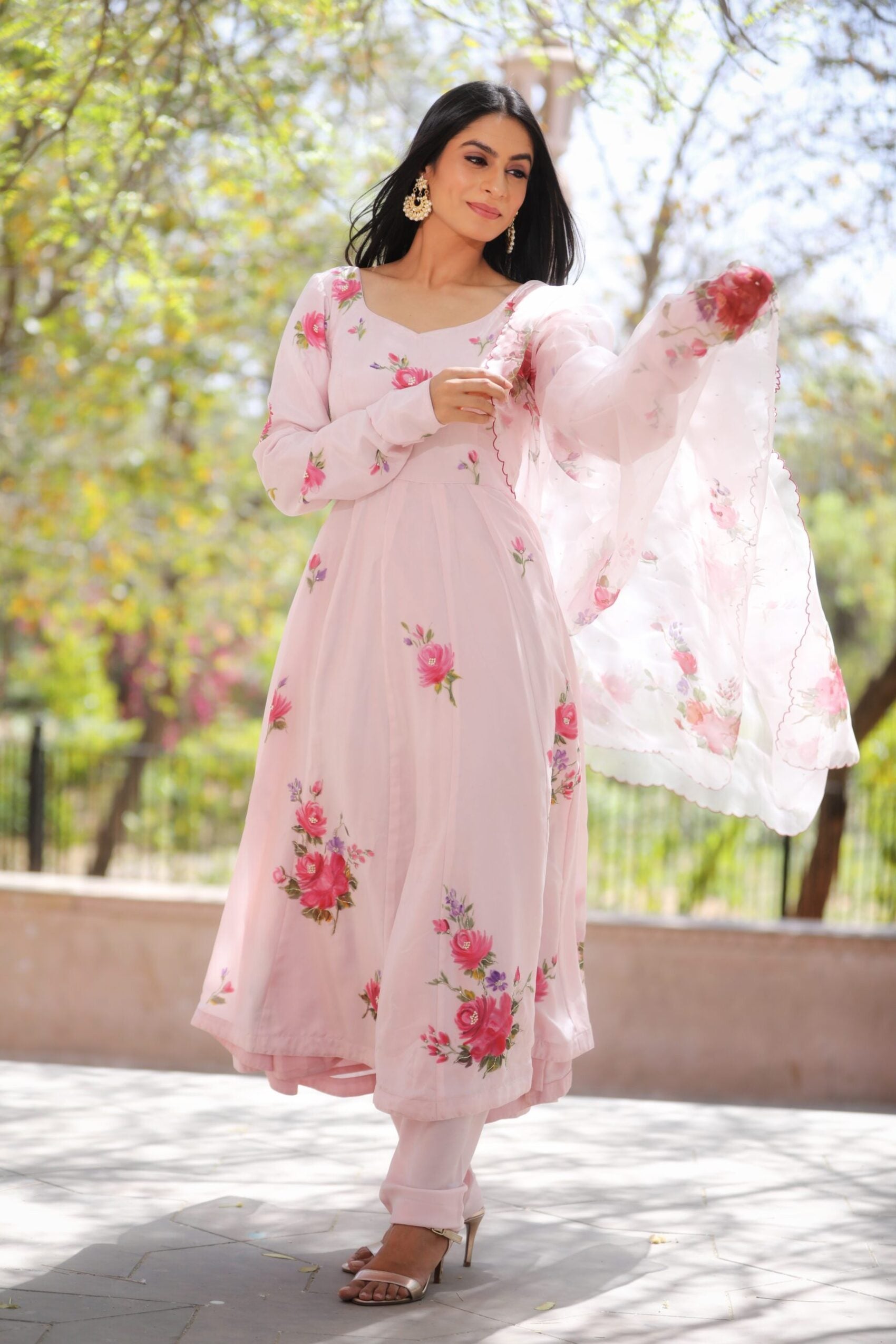 Handpainted Baby Pink Anarkali Silk Kurta Pants Churidar Muksweta