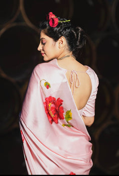 Pink Hand Painted Silk Satin Saree