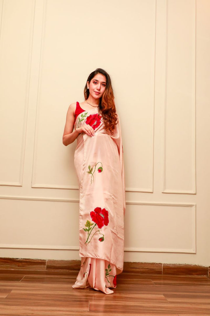 Handpainted Pink Silk Saree