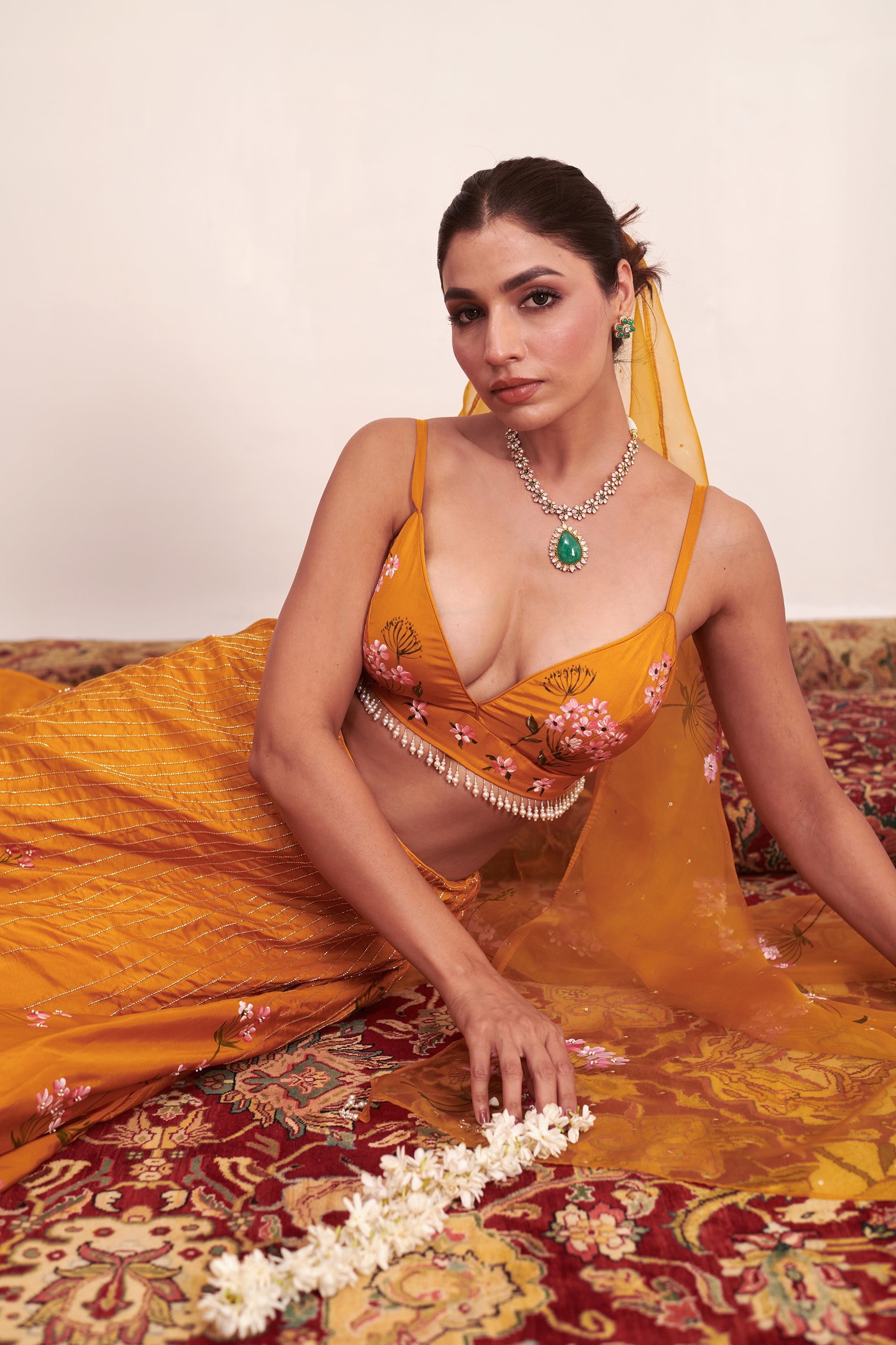 SUMMER YELLOW OMBRÉ LEHENGA SET WITH A HAND EMBROIDERED CUT OUT BLOUSE AND  BUTI WORK SKIRT PAIRED WITH A MATCHING NECKLACE DUPATTA AND GOLD  EMBELLISHMENTS. - Seasons India