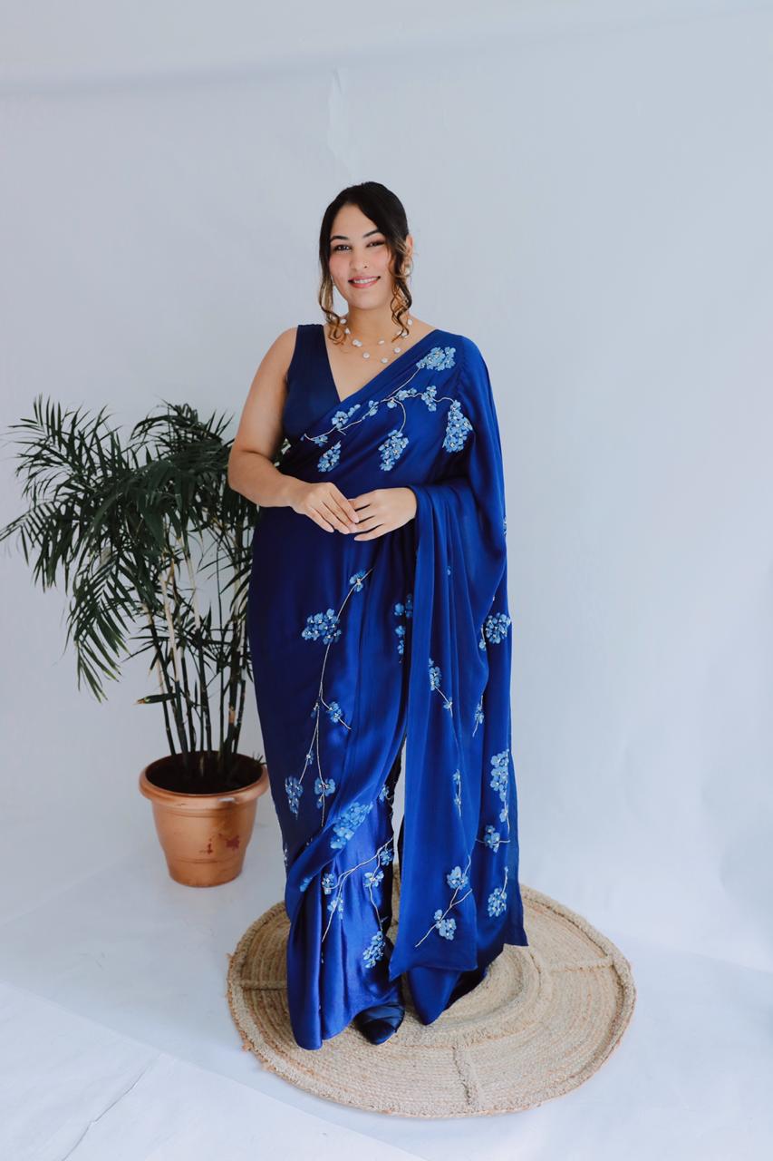 Blue Silk Satin Hand Painted Saree