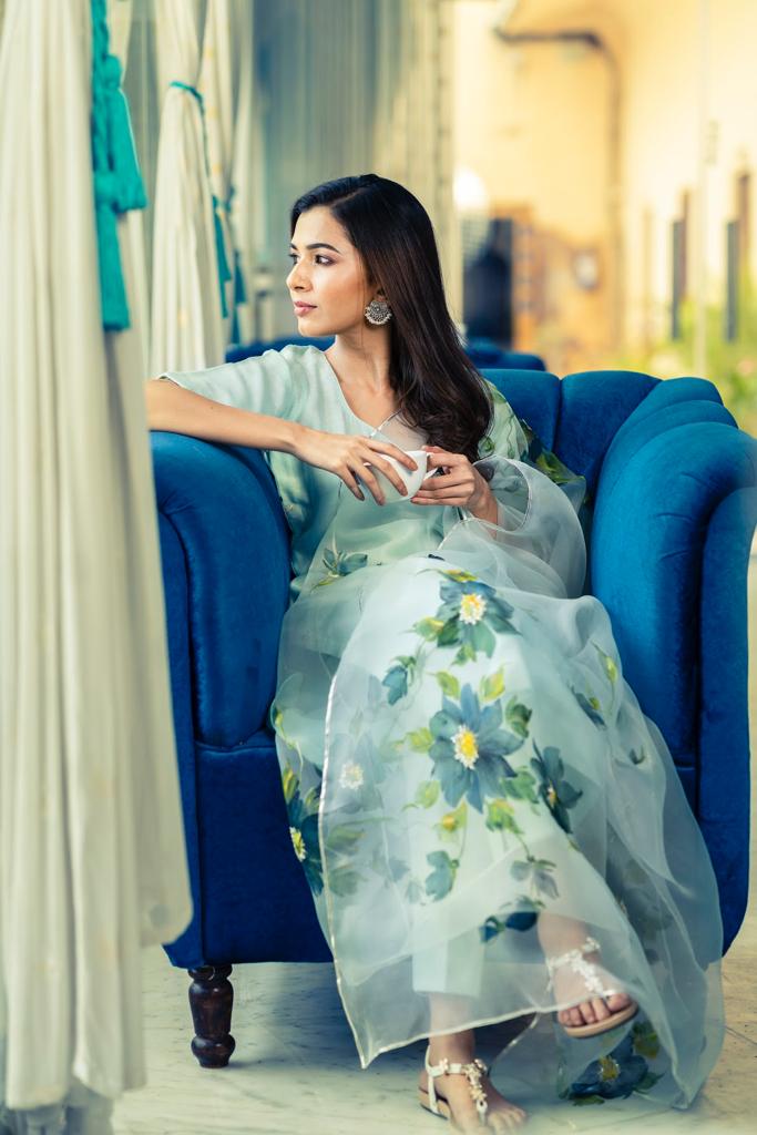 Handpainted Turquoise Chanderi Kurta Fabric with Lycra Pants