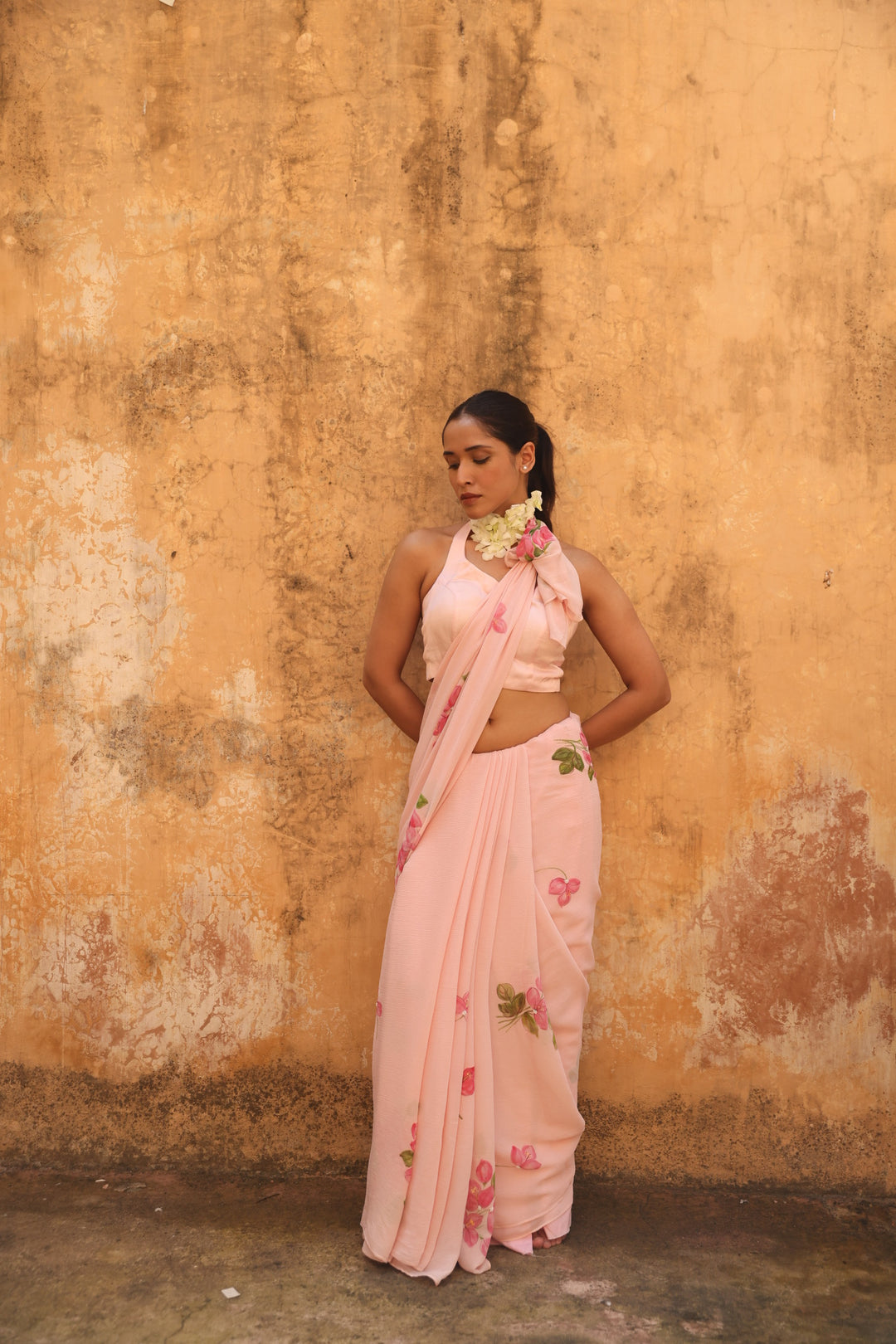 Pink Floral Handpainted pure silk saree hand embroidered with pearl beads and thread work