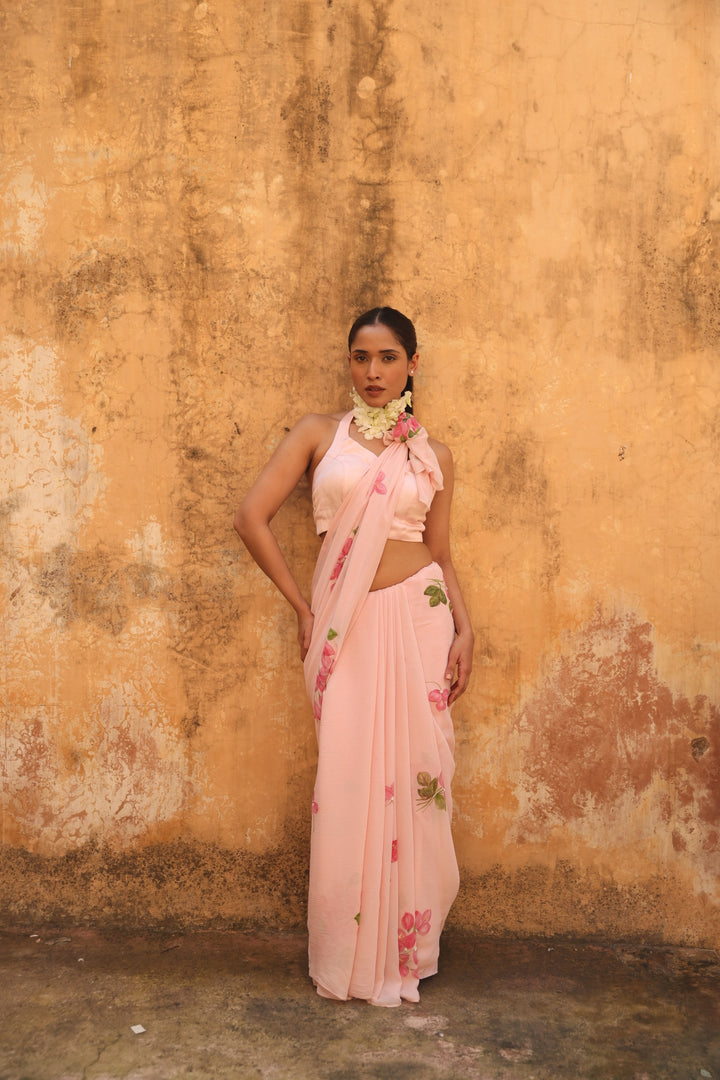 Pink Floral Handpainted pure silk saree hand embroidered with pearl beads and thread work