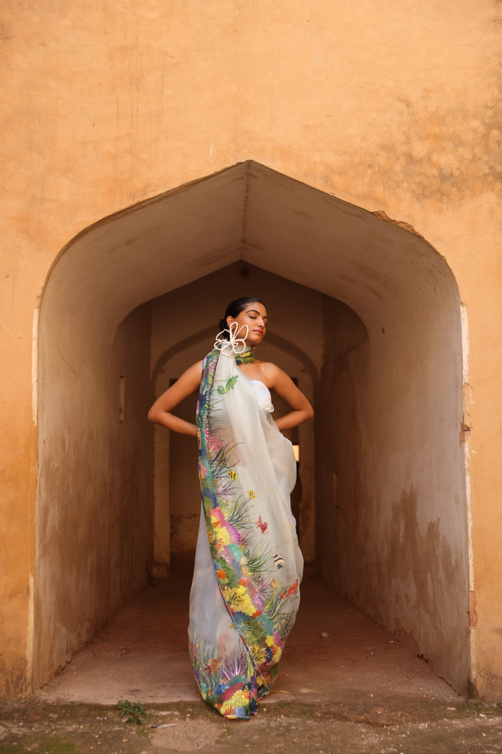 Grey printed Handpainted and hand embroidered organza silk saree