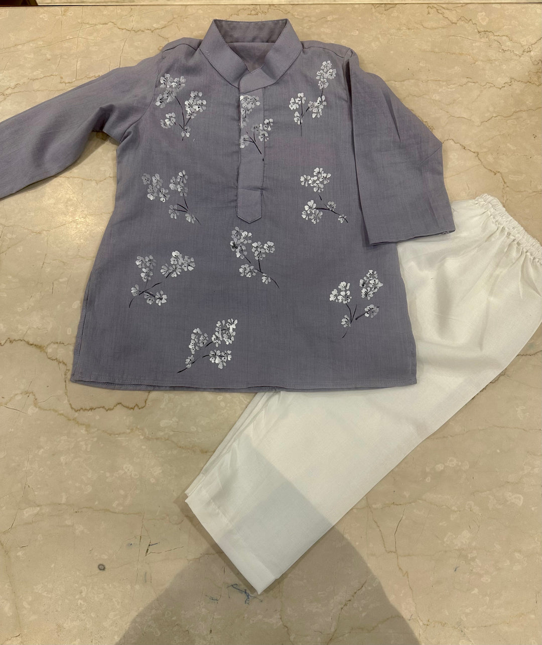 Handpainted Grey Floral Kurta Pajama Set