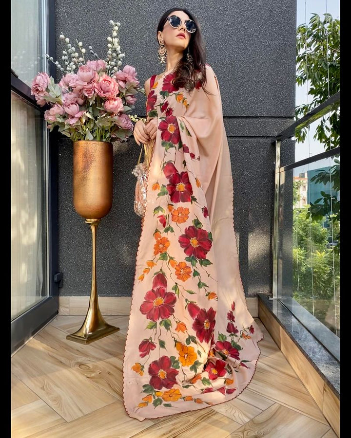 Handpainted Floral Silk Saree